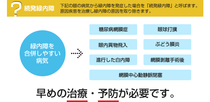 緑内障を合併しやすい病気：糖尿病網膜症・眼球打撲・眼内異物飛入・ぶどう膜炎・進行した白内障・網膜剥離手術後・網膜中心動静脈閉塞